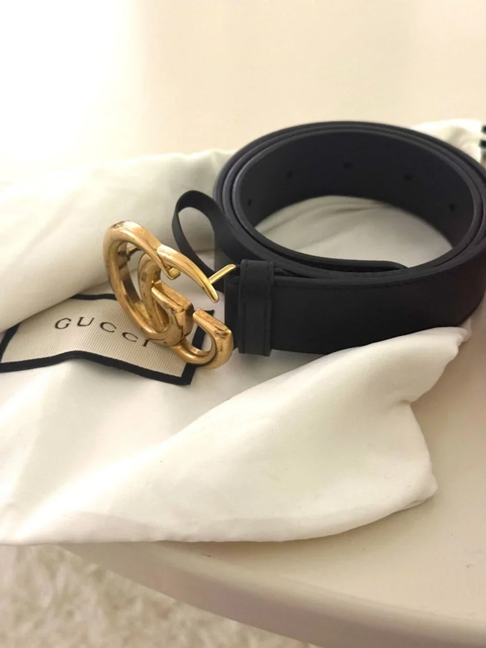Gucci GG Marmont Double G Black Leather Belt Antique Gold Buckle Unisex